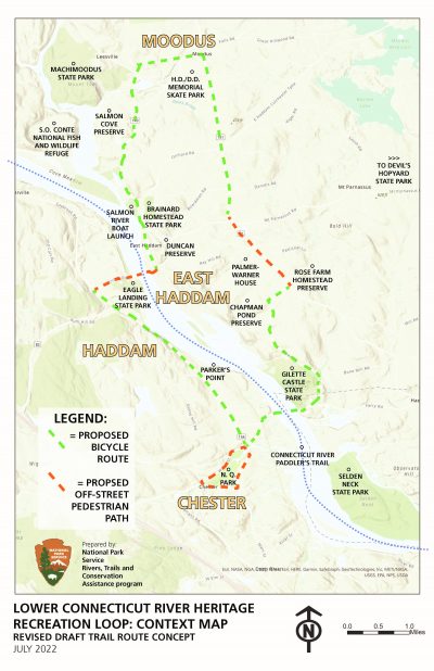 A map of East Haddam and surrounding towns is annotated with a bike and pedestrian trail looping through Haddam, Chester, and Moodus.